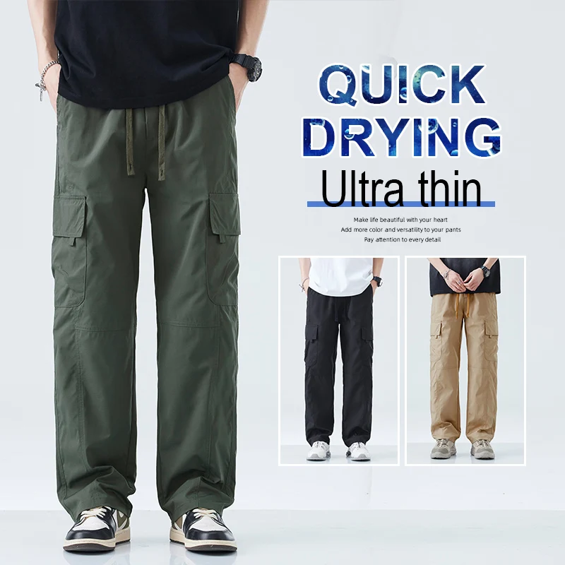 

Men's Polyester Loose Straight Casual Pants 2025 Summer Autumn Light Outdoor Cargo Style Multi Pocket Trousers Plus Size 5XL