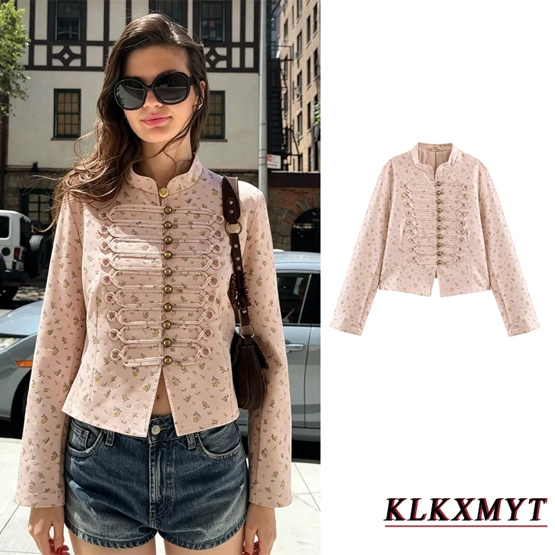 Women's Fashion Print Jackets Leisure Long Sleeve Stand Collar Button Coats Elegant Chic Autumn Vacation Jackets Top