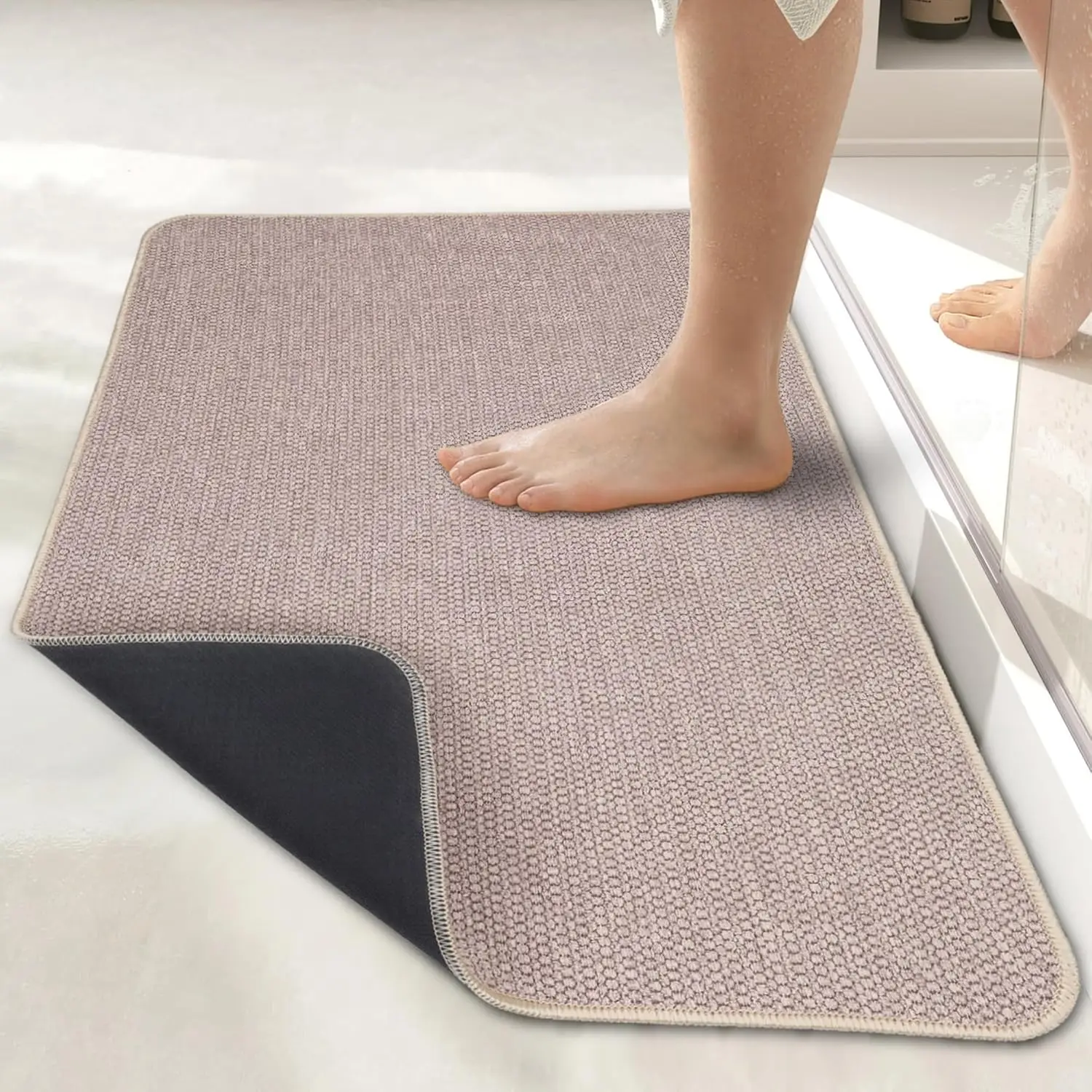 

Ultra Thin Quick Dry Bath Mat, Non-Slip Absorbent Low Pile Rug for Shower Sink, Machine Washable Beige 2'x3'