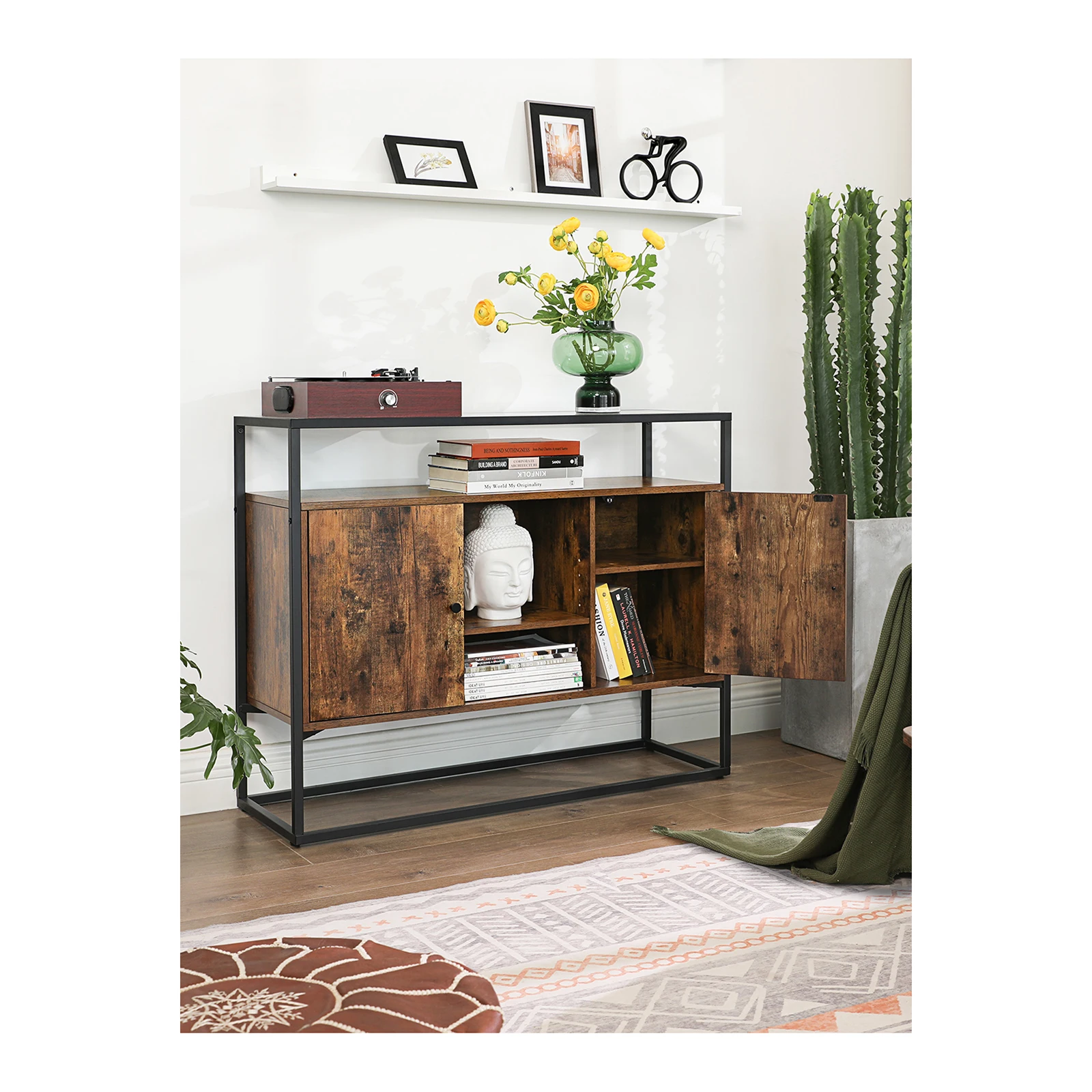 VASAGLE LSC014B01: Sideboard with Glass Surface, Open Compartments. Steel Frame. Tempered Glass. Industrial Style