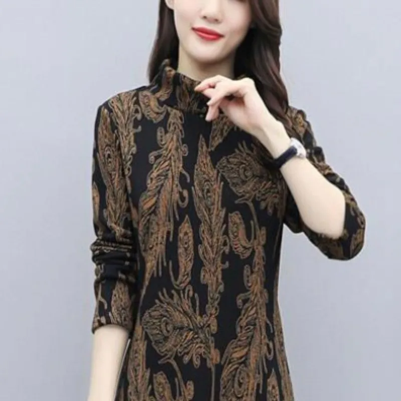 2023 Women's Autumn Winter New Fashion Simple Round Neck Printed Pocket Casual Versatile Long Sleeve Loose Medium Length Dress