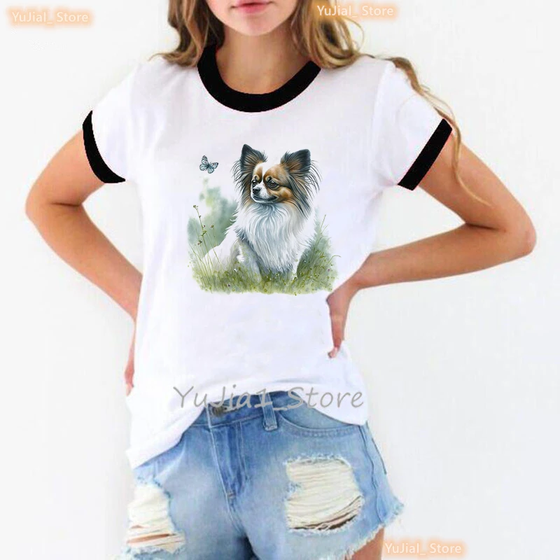 New Arrival 2023 Kawaii Papillon Dog Love Butterfly Print T-Shirt Women'S Clothing Harajuku Shirt Summer Short Sleeve T Shirt