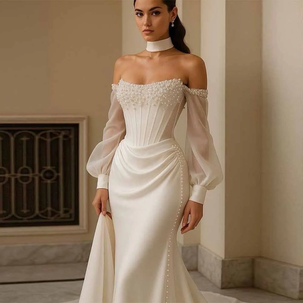 Charming Wedding Guest Dresses Jersey Mermaid/Trumpet Wedding Party Dresses Ivory Off-the-shoulder Pearls Draped Wedding Dresses