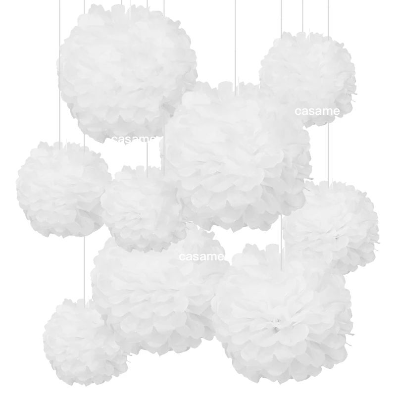 9 PCS Białe pompony z bibuły Kwiaty wiszące na ścianie Srebrce tła na botaniczne neutralne wesele Baby Shower