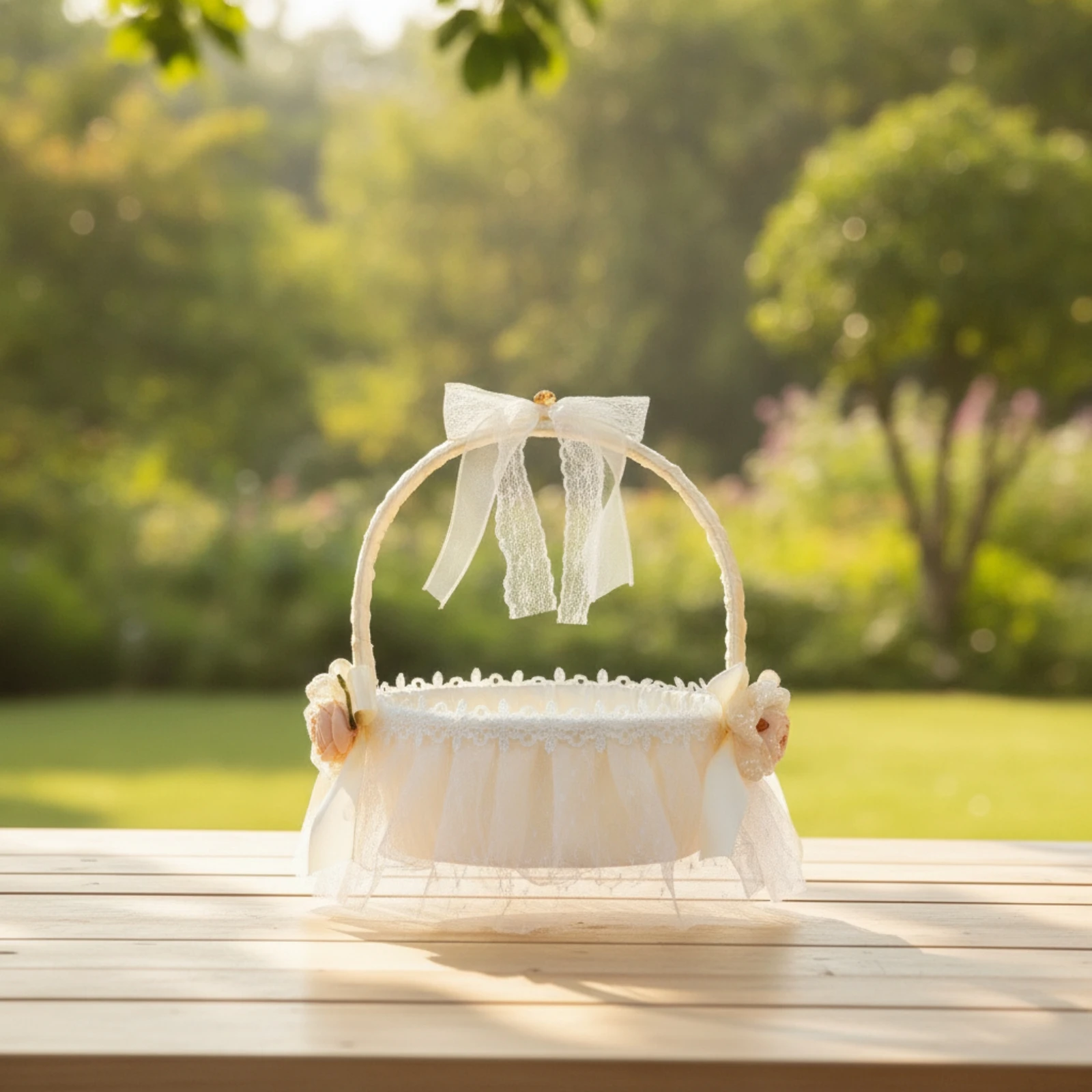 Flower Girl Basket with Ribbon-Wrapped Handle Cream Satin Flower Basket with Tulle Skirt Lightweight Decorative for Brides
