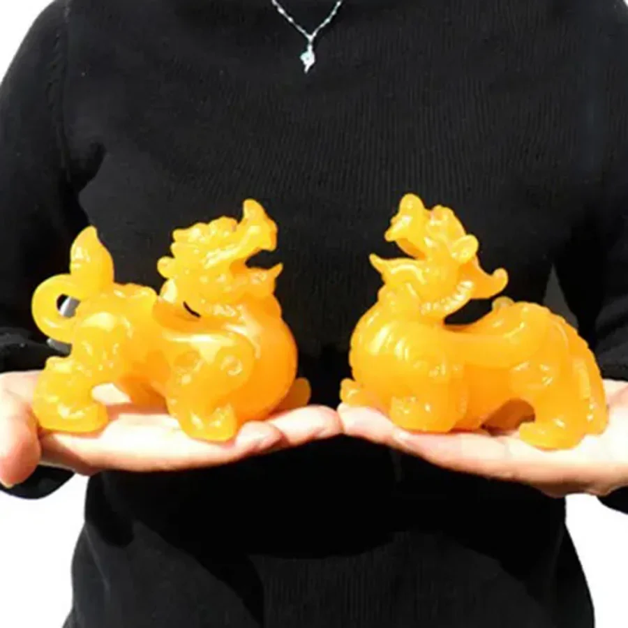 A Pair of Kirin Auspicious White Jade Imitation Pixiu Handicraft Furnishings Basin Kirin Sculpture Statue Home Decor Gift
