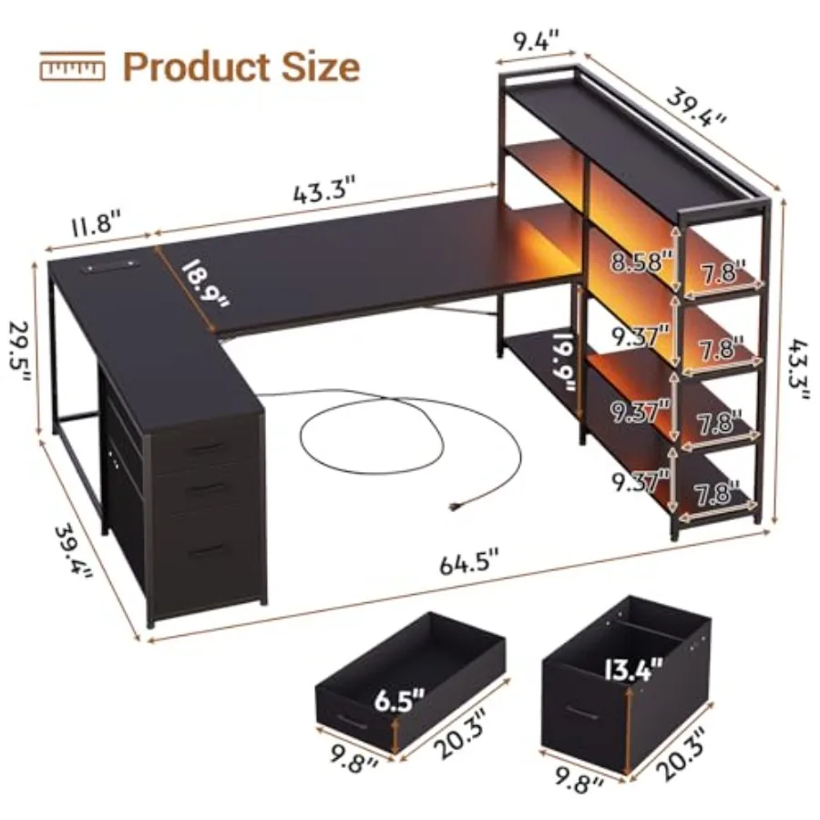 Gaming desk for home office use, engineered wood in matte black, reversible L-shaped design with storage drawers and shelves