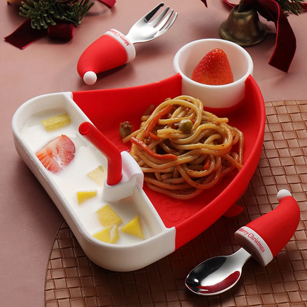 Cute Chirstmas Hat Theme Toddler Utensils Reusable Baby Feeding Dinnerware Kit Gift For Chirstmas