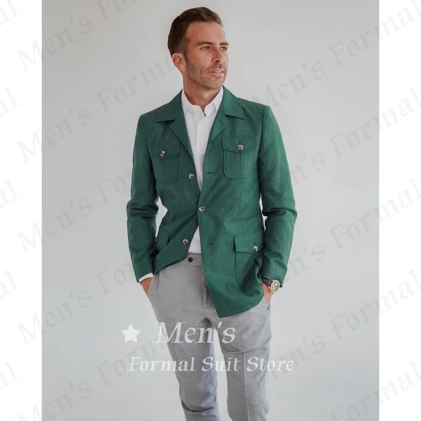Dark Green Linen Safari Jacket Men Four Flap Pockets Lapel Collar Single Breasted Vacation Daily Outdoor Business Customized
