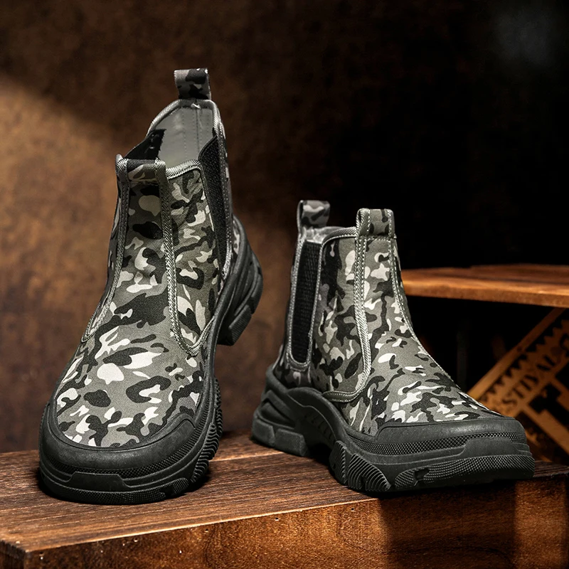 Men Camouflage High‑Top Work Boots Slip‑on Elastic Side Canvas Upper Non‑Slip Rubber Sole Outdoor Durable Casual Ankle Shoes
