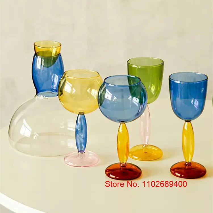 Sweet Contrast Color Goblet Wine Cup Nordic Decor Barware Glasseware Luxury Cocktail Champagne Burgundy Bordeaux Glass Decanter