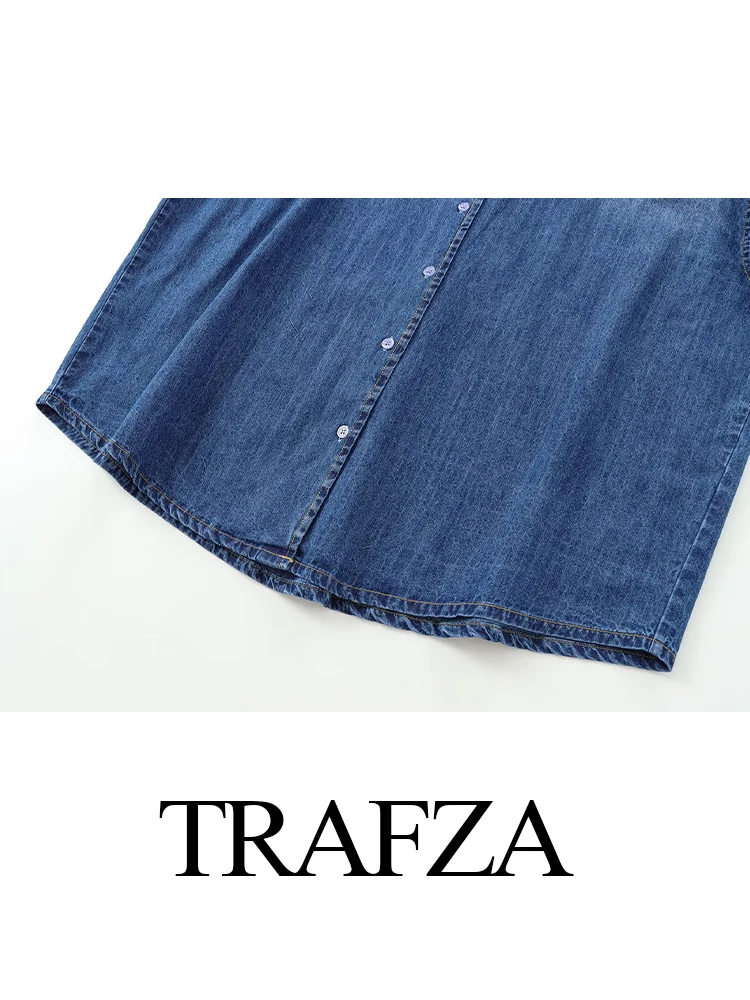 TRAFZA-Camisa jeans de manga comprida de peito único feminina, lapela redonda pequena, camisa casual elegante, moda rua alta