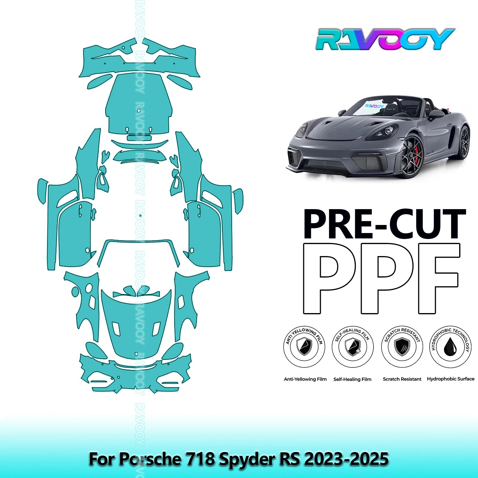 RAVOOY 8.5Mil Custom-Fit Precut TPU PPF Full Vehicle Clear Bra Stone Guard EU UK For Porsche 718 Spyder RS 2023-2026
