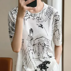 Four Seasons Women's Long-Sleeve New Round Neck Stitching Pullover T-Shirt Sweater Casual Top Korean Version Wool Short-Sleeve