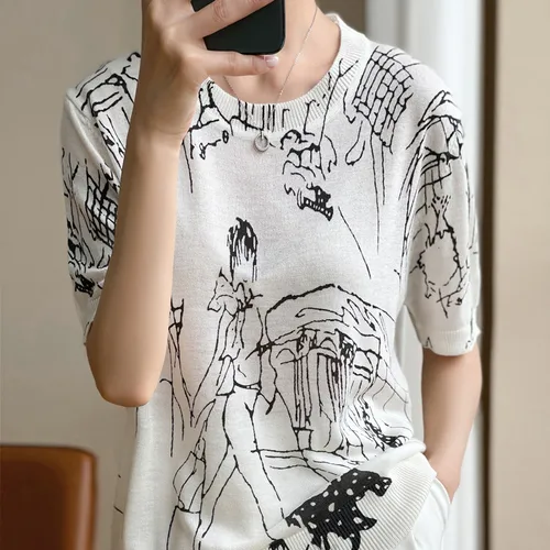 Imagen 2 del producto Jersey de manga larga para mujer de las cuatro estaciones, nuevo jersey con costuras y cuello redondo, camiseta, suéter, Top informal, versión coreana, manga corta de lana