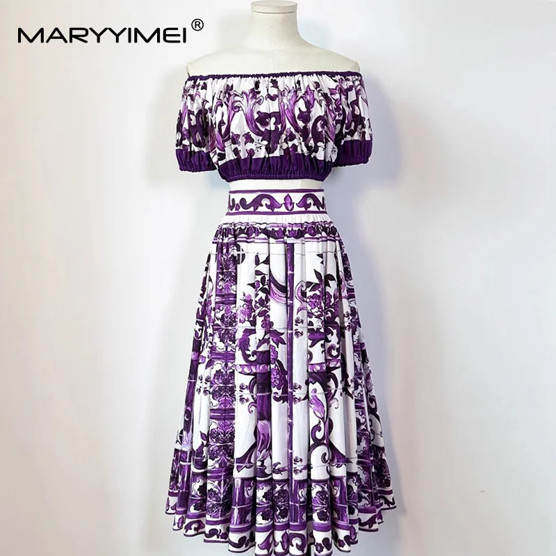

MARYYIMEI Women's Fashion Party Suit Slash Neck Short-Sleeved Loose Waist Mini Tops+Elegant Pleated Skirt print 2-piece set