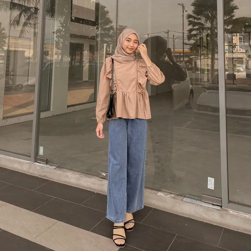 Women Top Muslim Shirt Ruffles Blouse Lace Up Folds Round Collar Eid Ramadan Morocco Dubai Morocco Blouses Modest Casual Tops