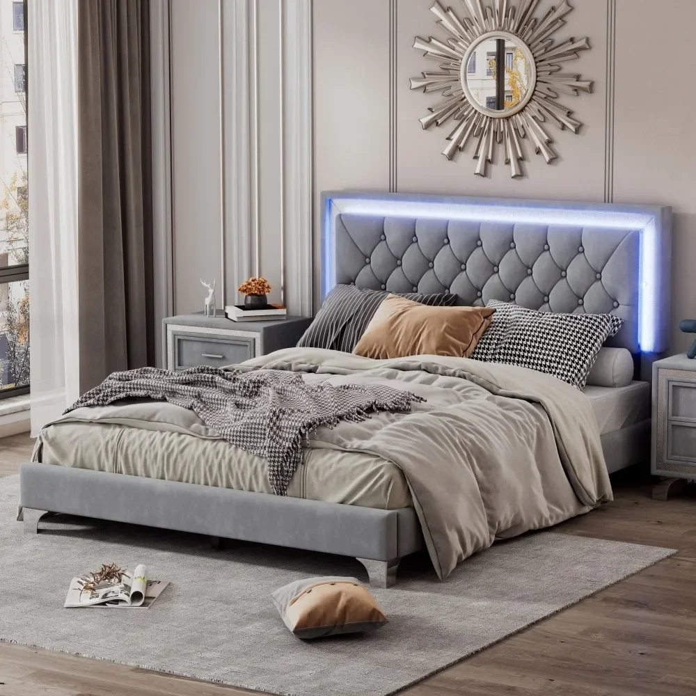 

Upholstered Bed Frame with LED Lights, Queen Size Modern Velvet Platform Bed with Tufted Headboard, Gray Bedroom Furniture