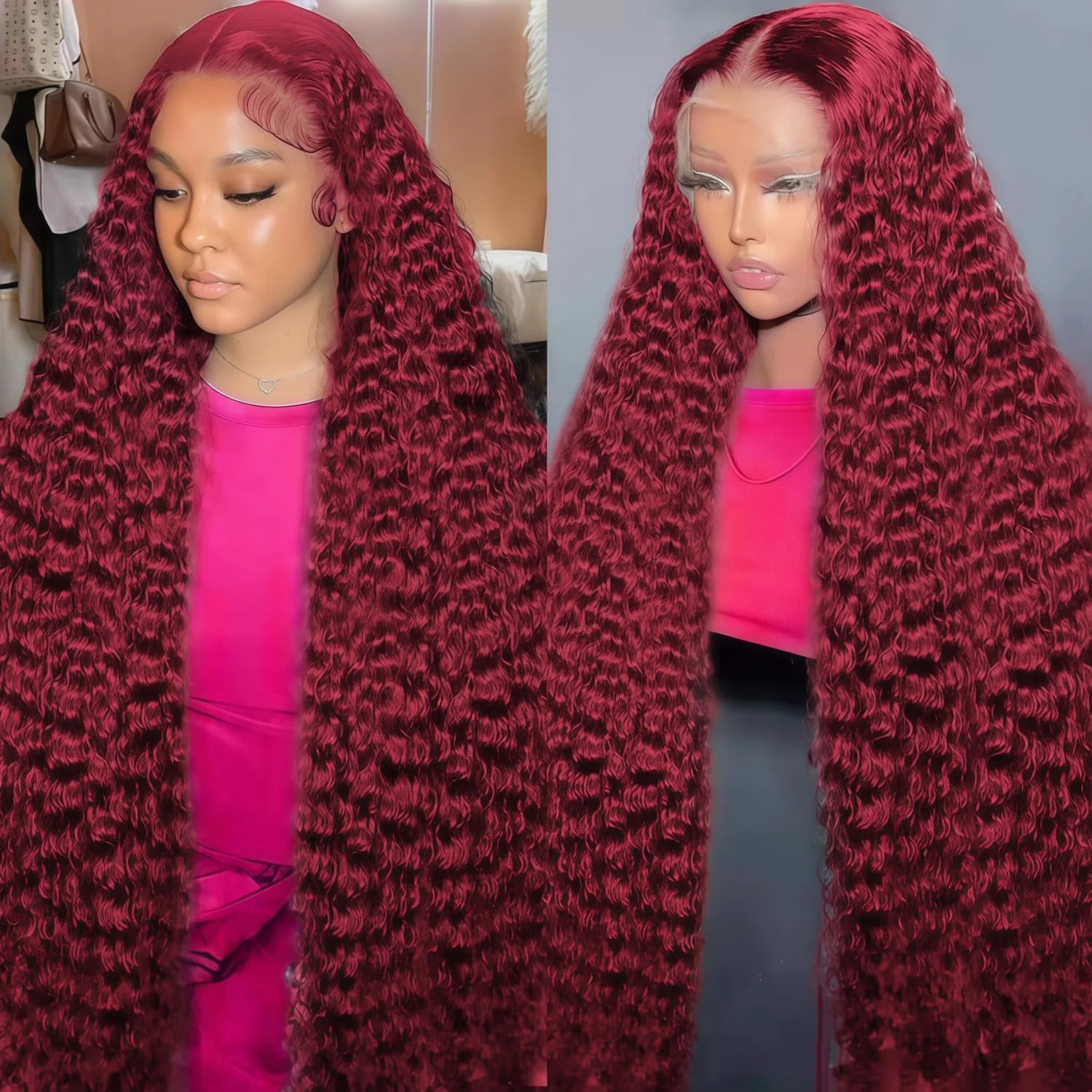 

36 46 Inch 99J Burgundy Deep Wave 13x6 HD Lace Frontal Human Hair Wig 200 Density Pre Plucked 13x4 Transparent Lace Front Wigs