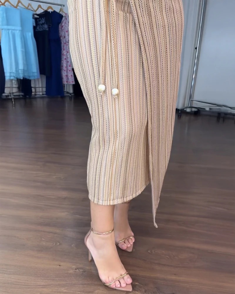 

2025 Dress Women's Texture Striped Square Neck Fluffy Sleeves Rolled Edge Work Pants Lace Up Details Cinched Waist Long Skirt