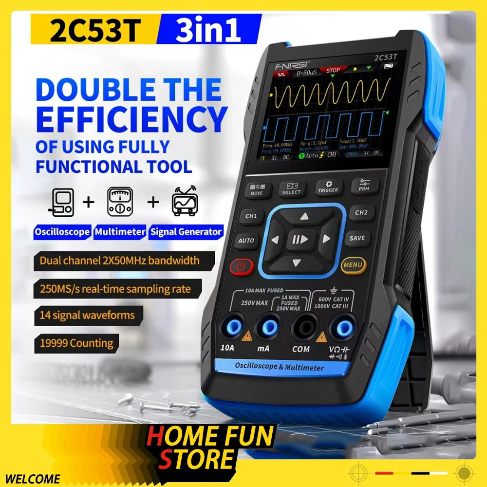 FNIRSI 2C53T 3in1 Multimeter Digital Oscilloscope Built-in DDS Function Signal Generator 2 Channel 50MHz Bandwidth 250MS Rate