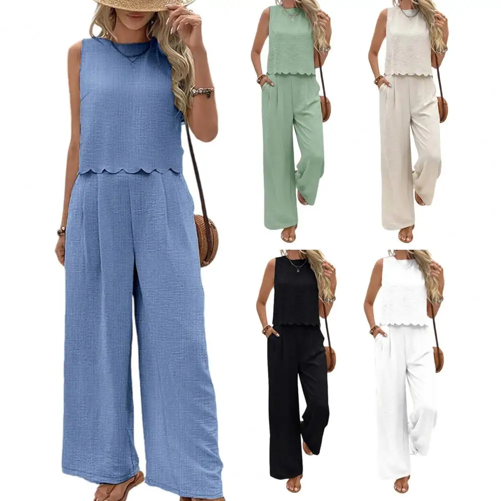 

Spring Summer Fashion Solid Two Piece Sets 2026 Women Casual Loose Hollow Lace Sleeveless Top Wide Leg Pants Two Piece Set Woman