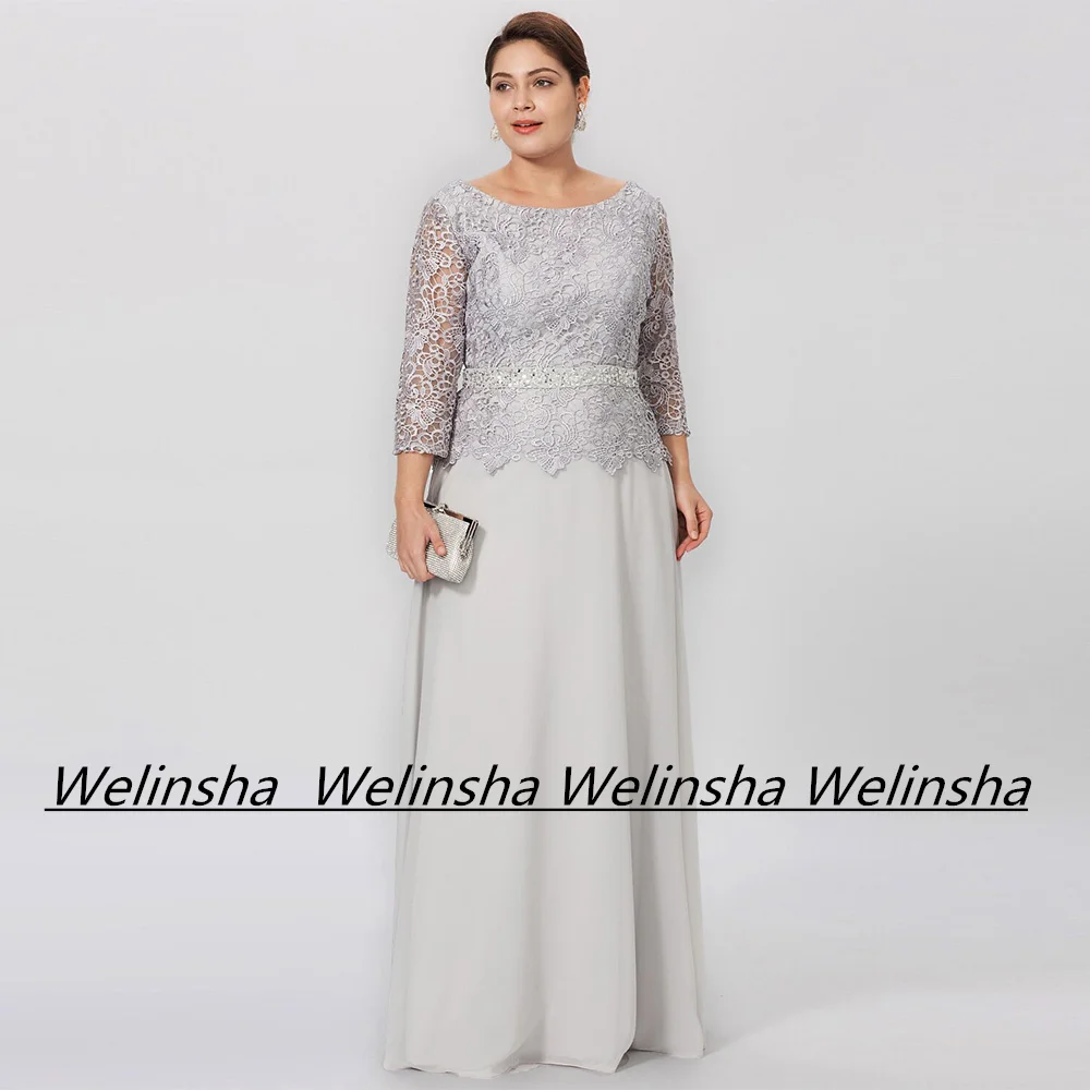 

Silver Mother of The Bride Dress Scoop Neck 3/4 Sleeves Top Lace Chiffon A Line Wedding Guest Gown Beading Belt Evening Dresses