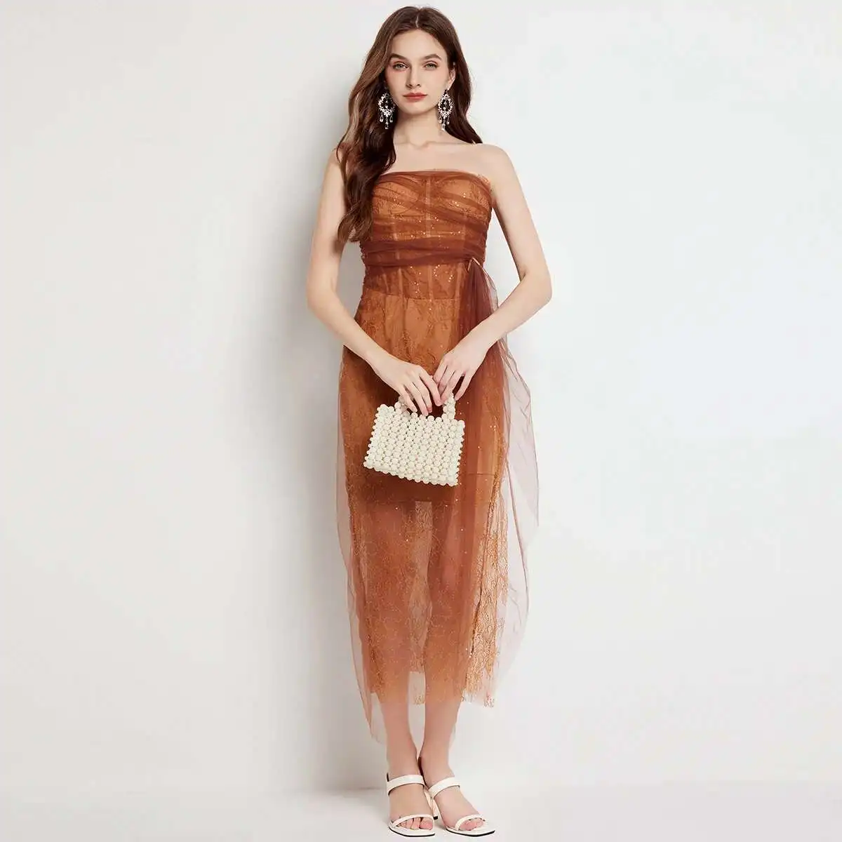 Brand Summer Fish Bone Lace Tulle Sequins Prom Evening Dress Women Corset Chest Wrapping Mesh Slit Midi Long Dresses Party