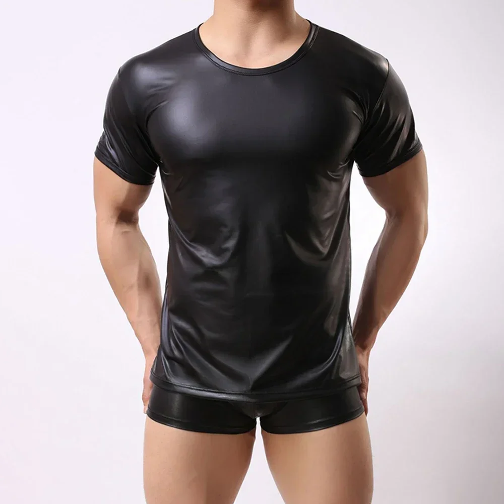 New S-2XL Fashion Men T-Shirts Tops Sexy Shirts Short Sleeve Stretch Tee Tights Wet Look Faux Leather Round Neck