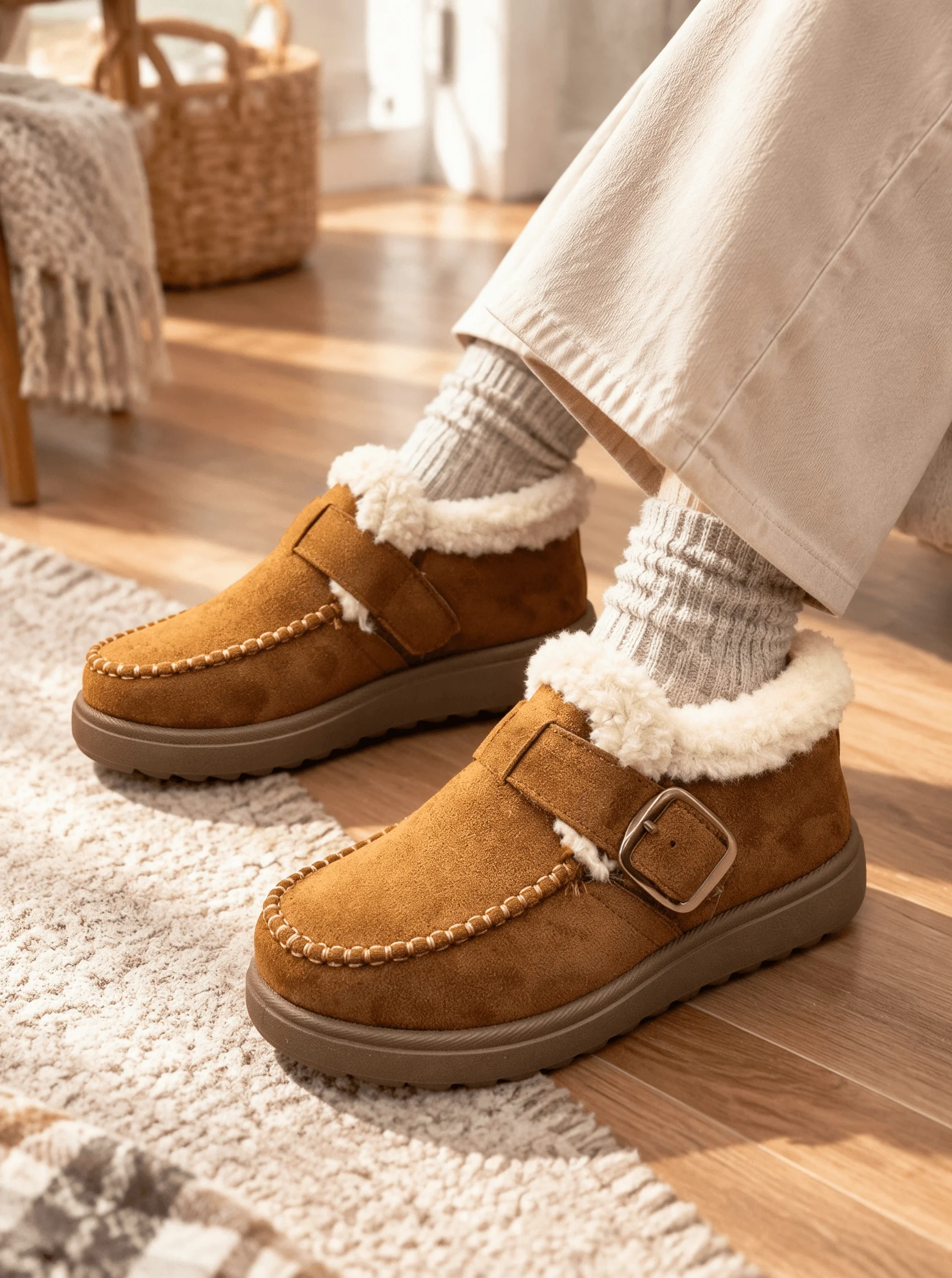Damen Winter Plüsch Warme Baumwollschuhe, mit Schnallenriemen, Lässige Stiefeletten, Lässige Flache Schuhe – Detail 1