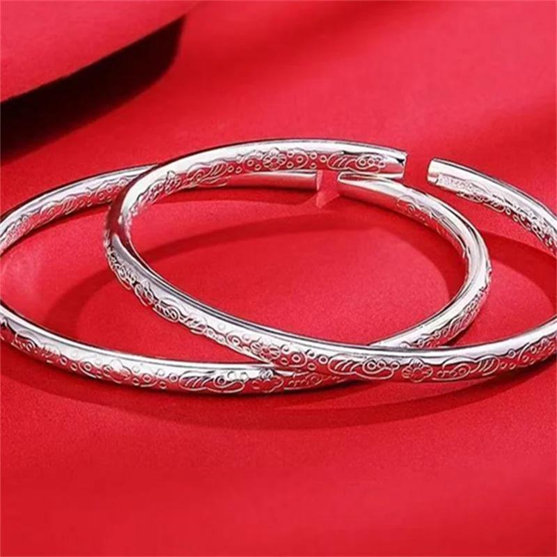 Chinese Lucky Cloud 999 Sterling Silver Bangle Ladies Thin Round Tube Retro Auspicious Cloud Carved Open Bracelet Hypoallergenic