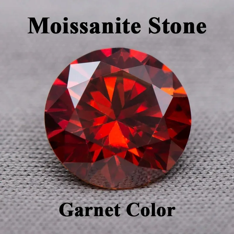 Moissanite Stone Garnet Red Color Round Cut with Certificate,Multiple Colors Available in 3-11mm Sizes Passes Diamond Tester