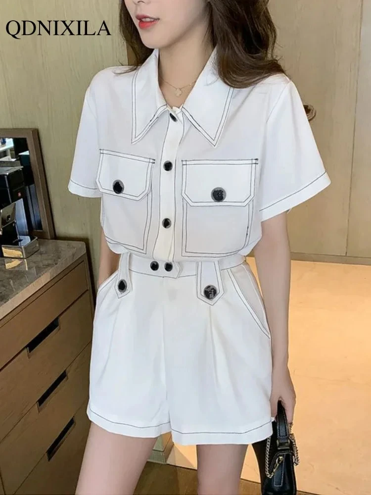 2024 Summer New in Women\'s Short Sets Black Cargo Suit Korean Style Fashion Elegant Women Two Piece Sets Outfits Matching Sets