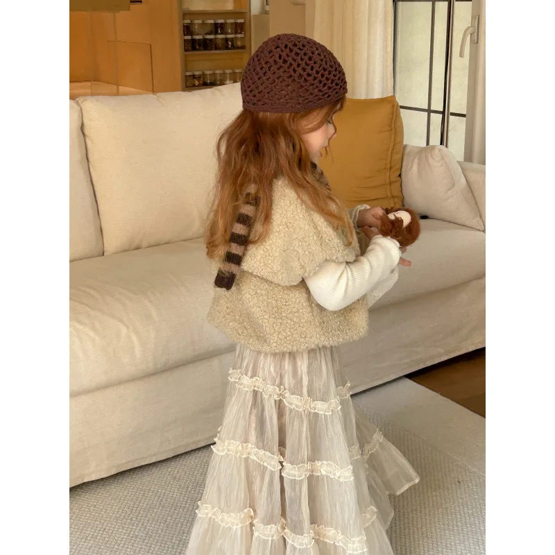 

Шифоновая кружевная полуюбка для девочек, детская осенне-зимняя новая однотонная модная свободная повседневная милая удобная универсальная юбка