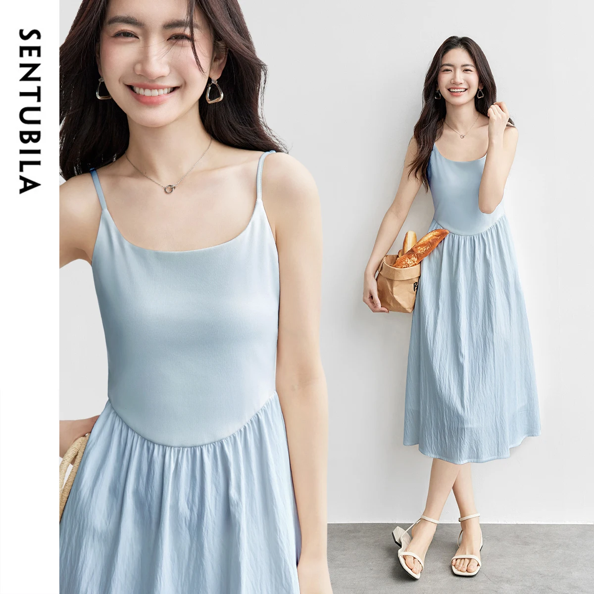 

SENTUBILA Summer Slip Dress for Women Cotton 2025 New U Neck Patchwork Sexy Midi Camisole Solid Elegant Birthday Dress Q52LD1934
