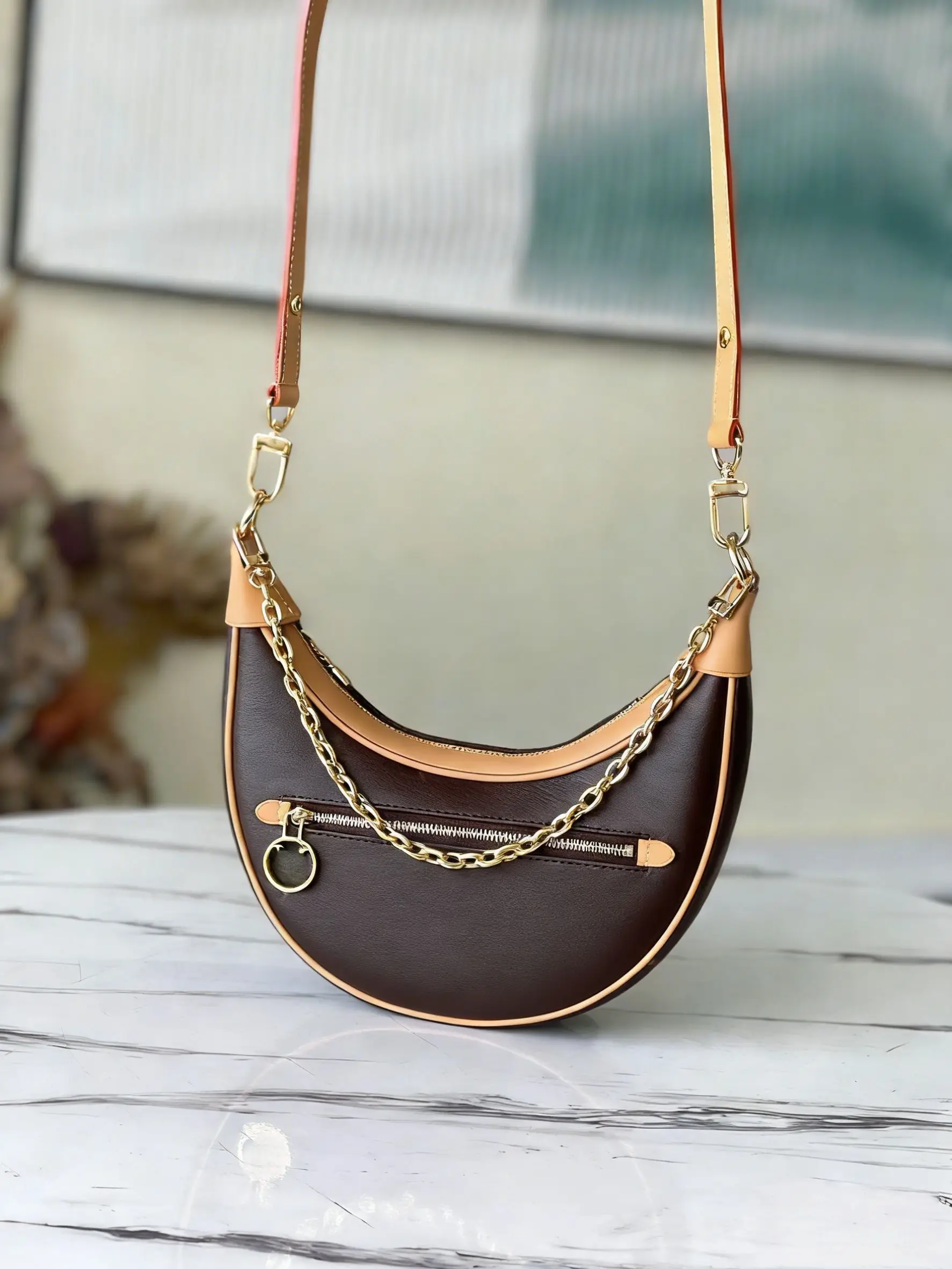 Women's Chain Crescent Shoulder Bag with Monogram Print, Retro Vibes Meets Modern Style for Street Fashion