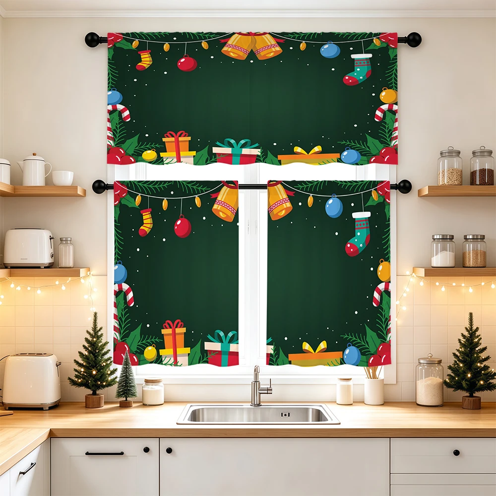 Christmas Kitchen Curtains, Green Bell Stocking Candy Gift, Digital Print, Kitchen Dining Room, Rod Pocket Polyester, Home Decor