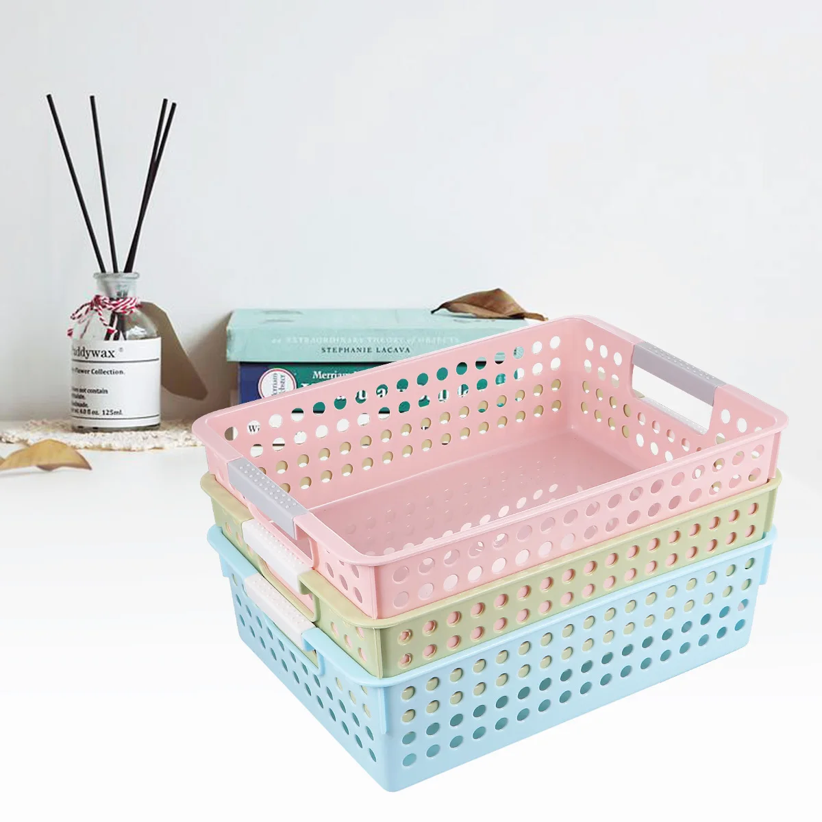 3Pcs Desktop File Basket Plastic Solid Color Document Organizer for Office Storage File Holder Easy Grip Handle Large Size