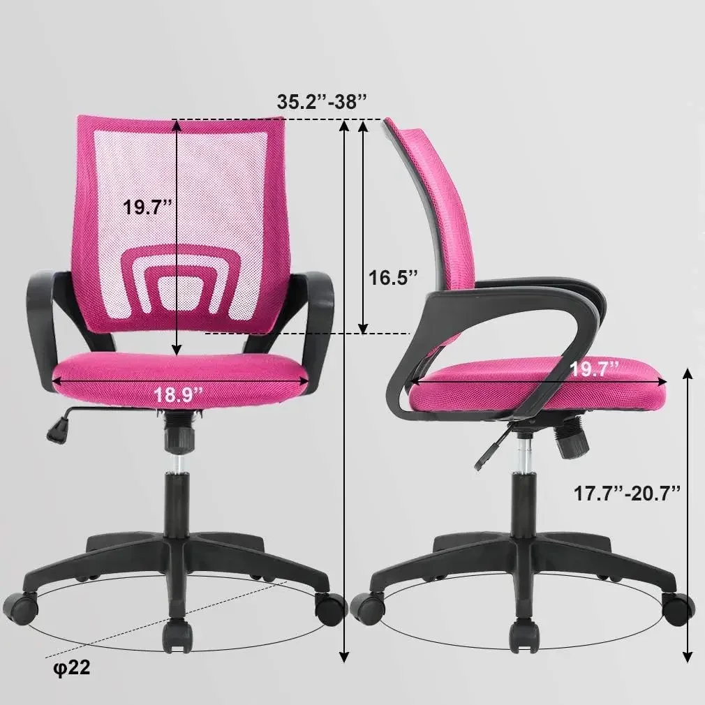 Kursi kantor ergonomis, kursi komputer jaring dengan dukungan pinggang, putar bergulir eksekutif, merah muda