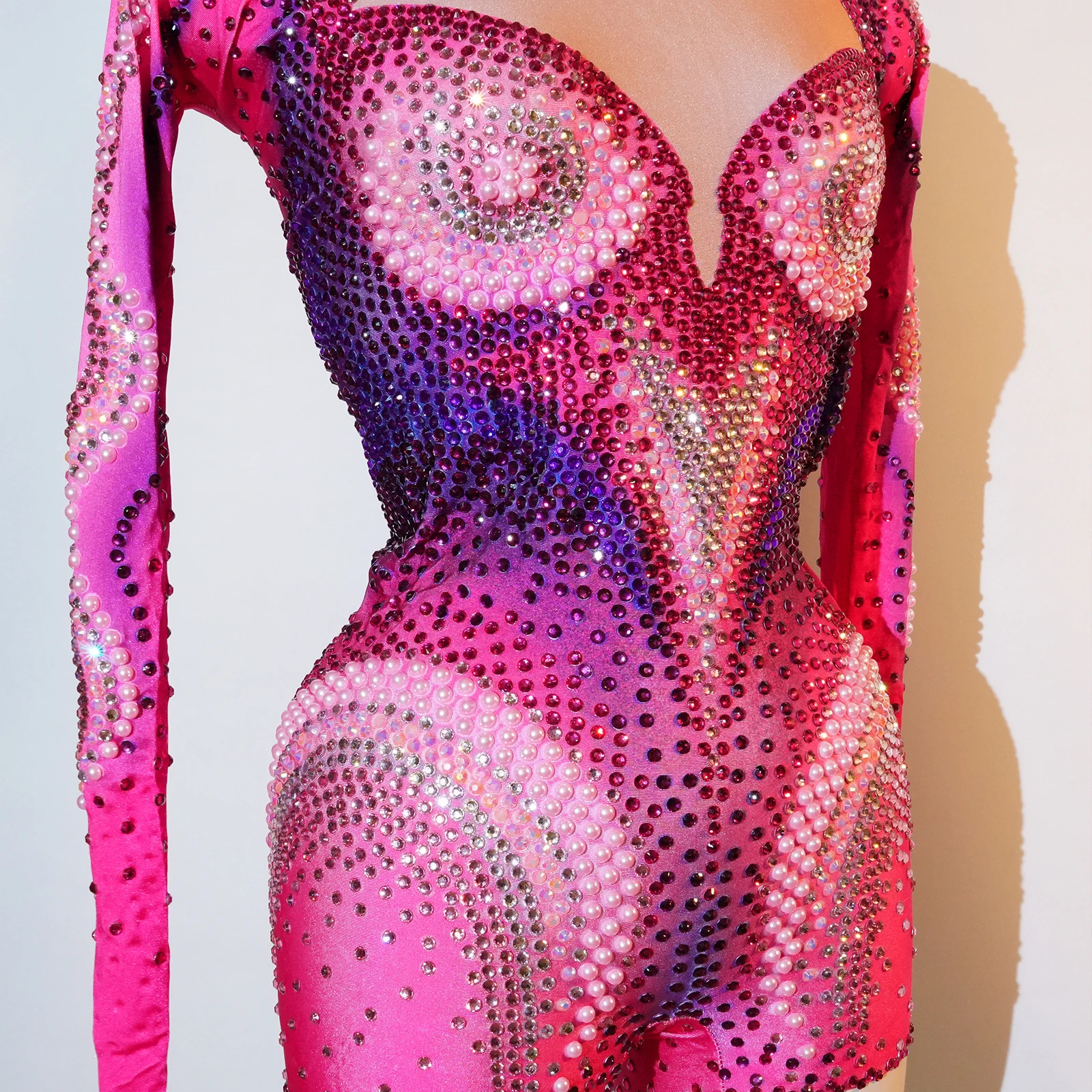 Luxury Pink Rhinestone long sleeve bodysuit Dancer Stage Wear Perform Show Girl Sheer Drag Queen Outfit Bar Nightclub Female DS