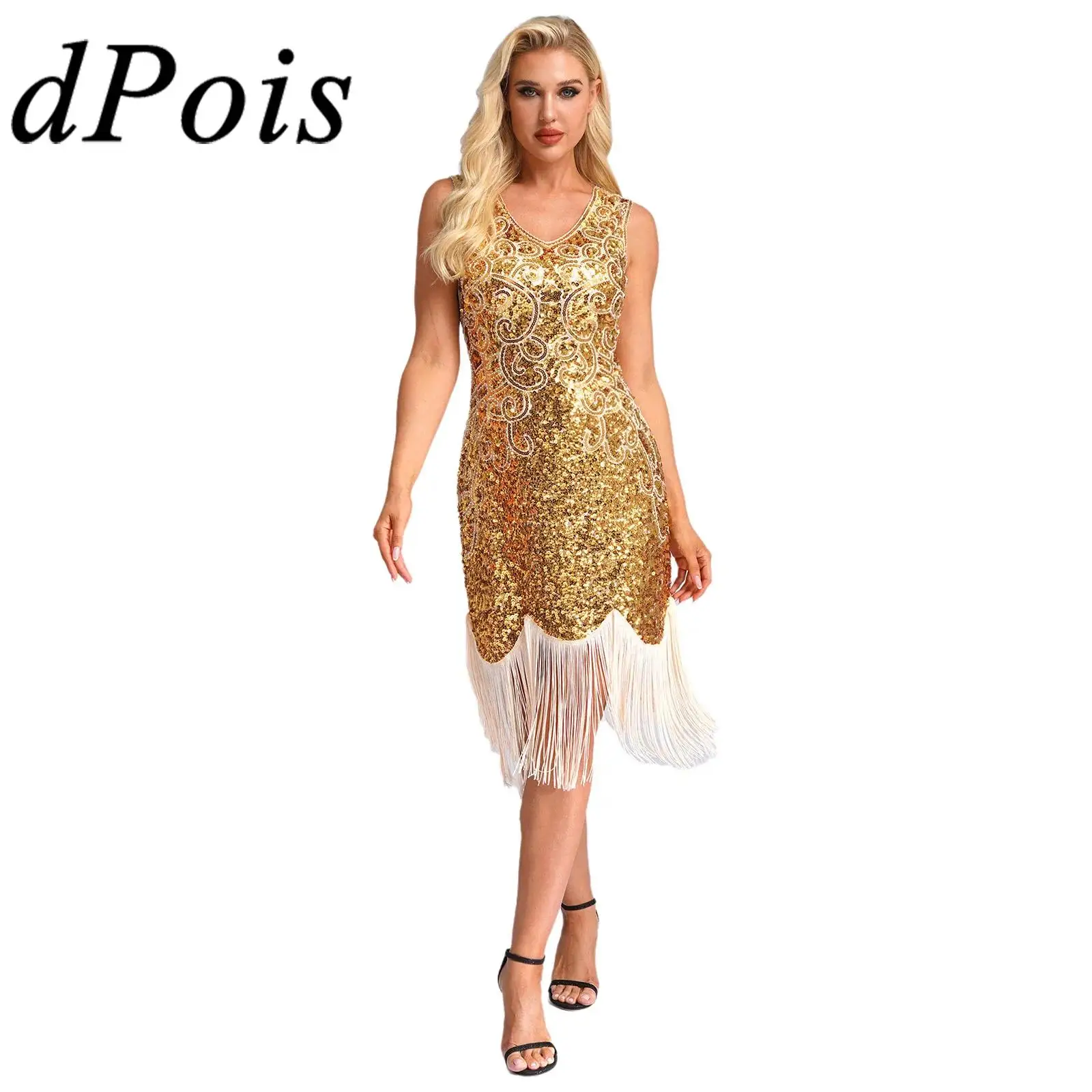 Vintage Party Dress for Women Sequin Cocktail Gown Tassels Dress for Ball Dance Party Banquet Pageant Wedding Vestido De Fiesta