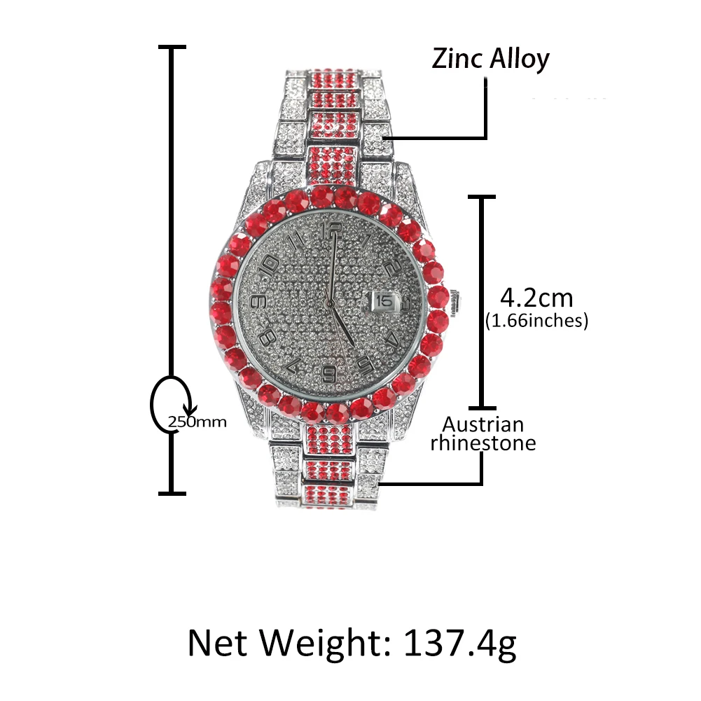 THE BLING KING Big Dial Watch Iced Out Red White Rhinestone Top Dual Calendar Men\'s Quartz Clock Luxury Waterproof Wrist Watch