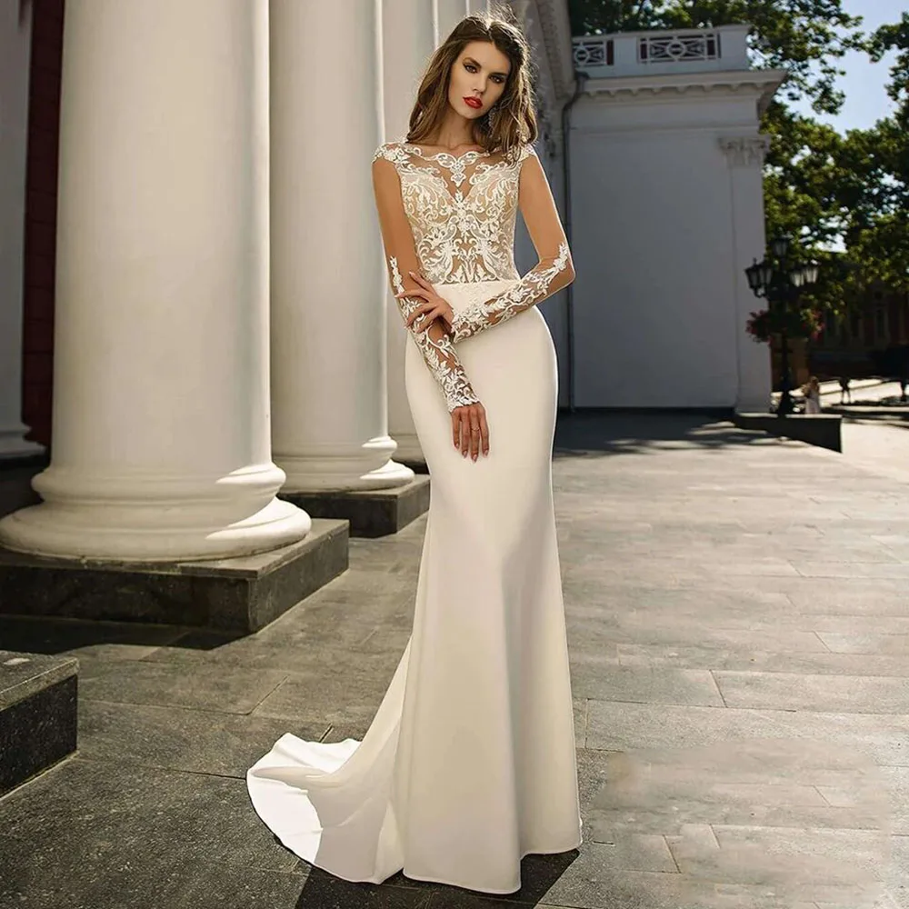 Msikoods abiti da sposa in raso Boho maniche lunghe scollo tondo Appliques in pizzo abito da sposa da spiaggia 2023 abiti da sposa della boemia