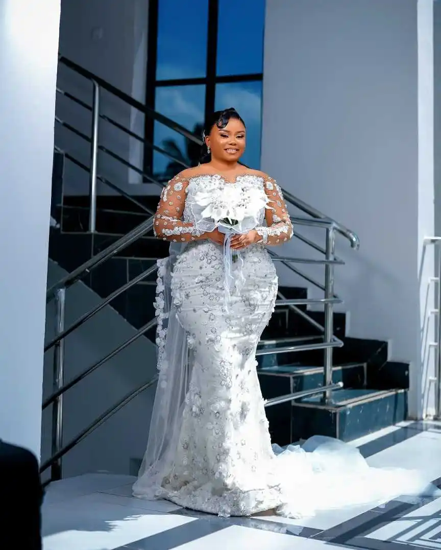 Abiti da Sposa a Sirena Taglie Forti con Applicazioni Floreali 3D, Maniche Lunghe e Perline, Abiti da Sposa per Donne in Gravidanza, Vestito Personalizzato