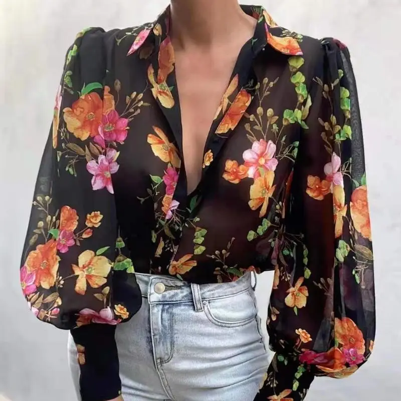 

GELITAYIN Stylish Long Sleeve Floral Print Chiffon Shirts Women Elegant Loose Blouse Women Button Up Casual Lady Blouses Vintage