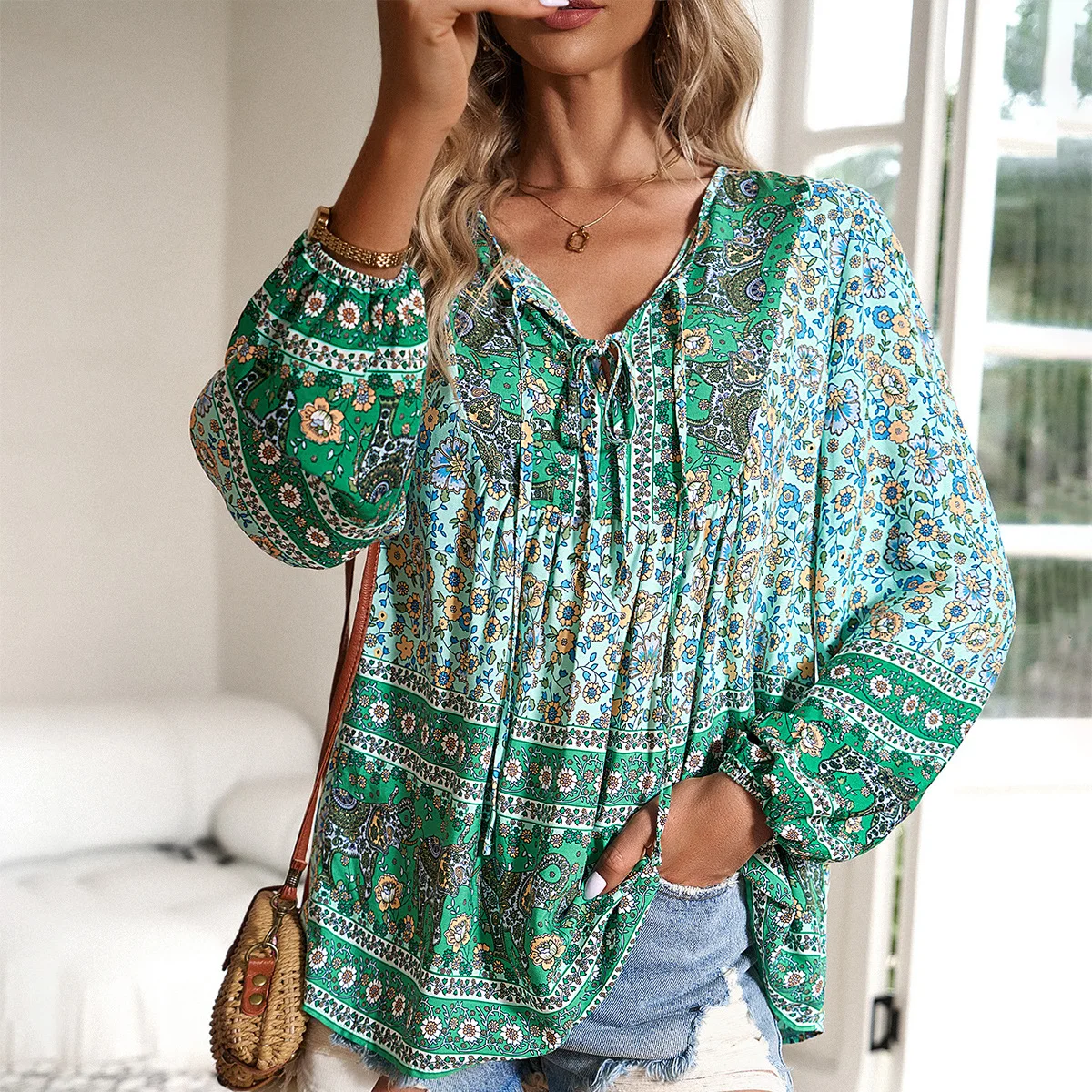 Camisa con estampado de posicionamiento de alta calidad para mujer, vestido Sexy bohemio de manga larga con temperamento elegante, otoño e invierno, 2024