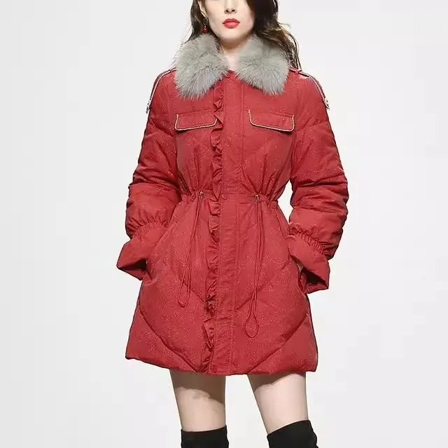 Inverno nuova moda donna rosso bianco piumino d'anatra collo di pelliccia addensato