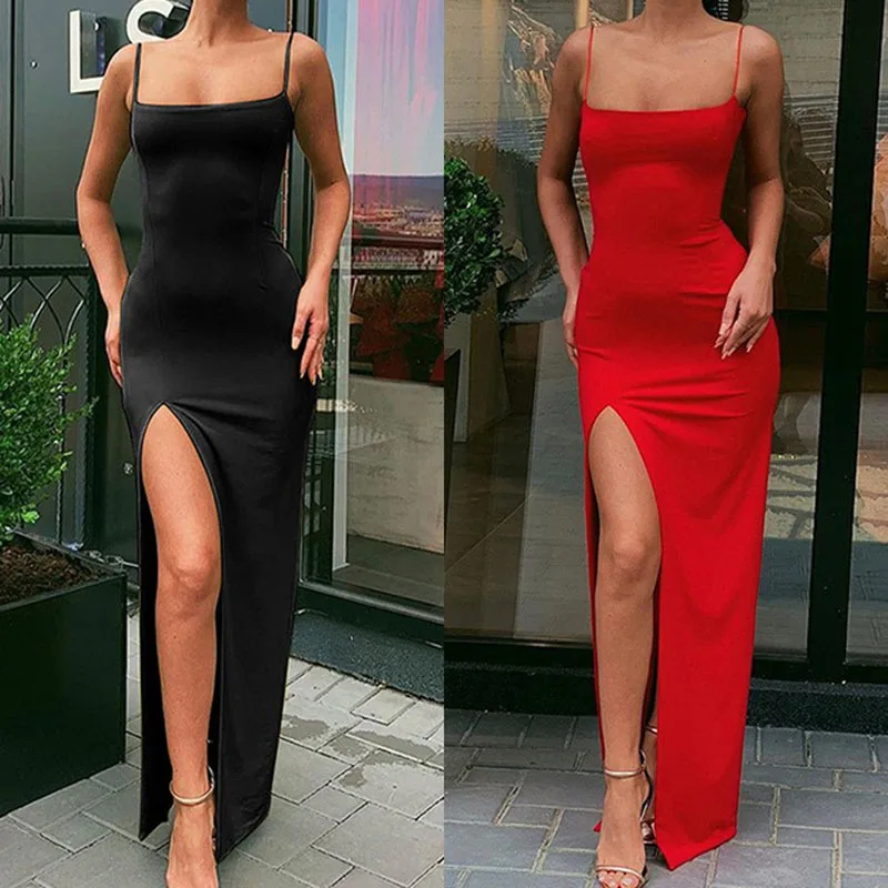 

Women Slash Neck Sleeveless Slip Sexy Slit Maxi Dress 2023 New Fashion Evening Party Women Elegant Streetwear