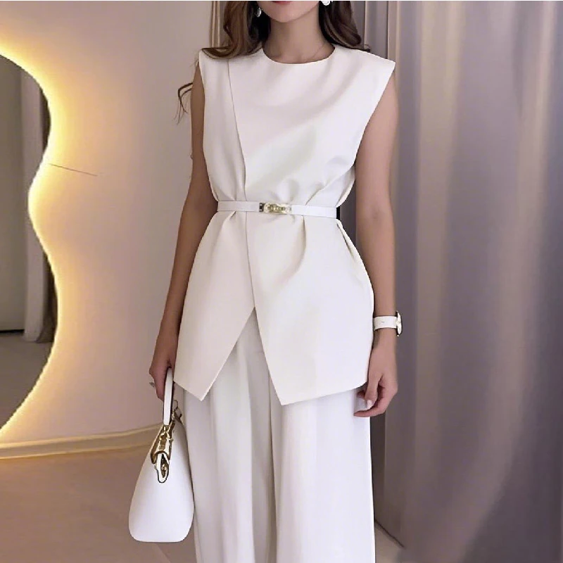 

Krisstargirls 2025 New Woman Elegant Vest shirts with Belt Summer Sleeveless O-neck Trendy Office Ladie Blouse Women Clothing