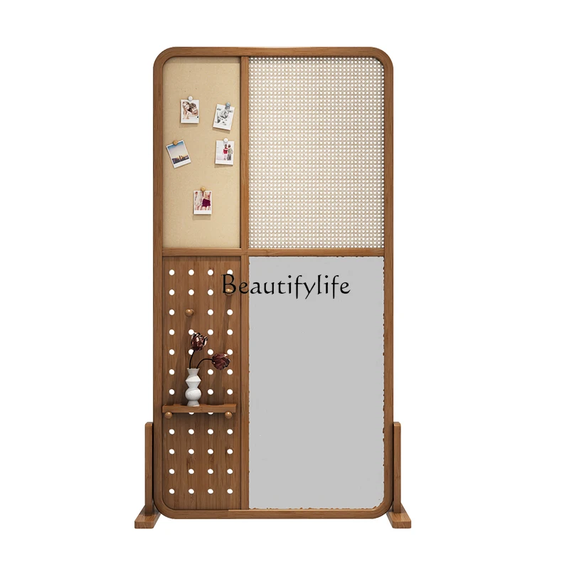 3Japanese solid wood screen partition water pattern glass hole board rattan cherry rack